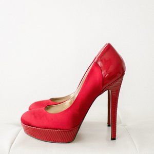 Bebe Red Satin Jeremy Platform Pumps 8.5 New in Box